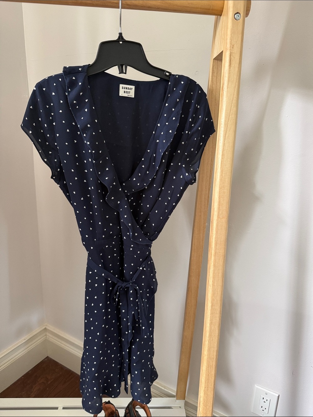 Aritzia, Sunday Best Navy Wrap Mini Dress with White Heart Dot Print